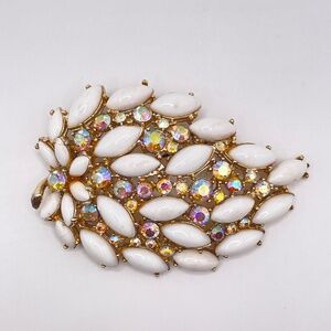 ART Signed Vintage Large Milk Glass AB Rhinestone Leaf Pin Brooch